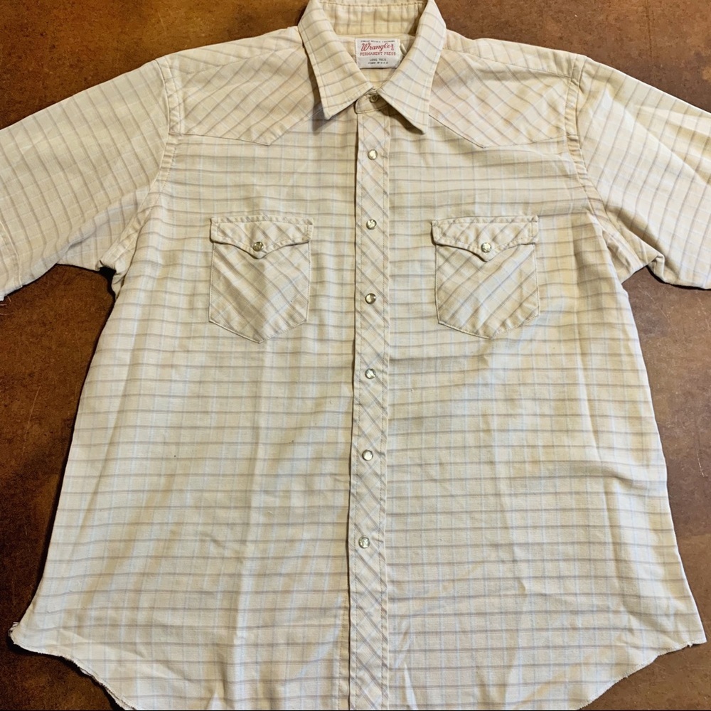 Vintage Wrangler Permanent Press Long Tails Pearl Snap Western Shirt 18 Thrashed